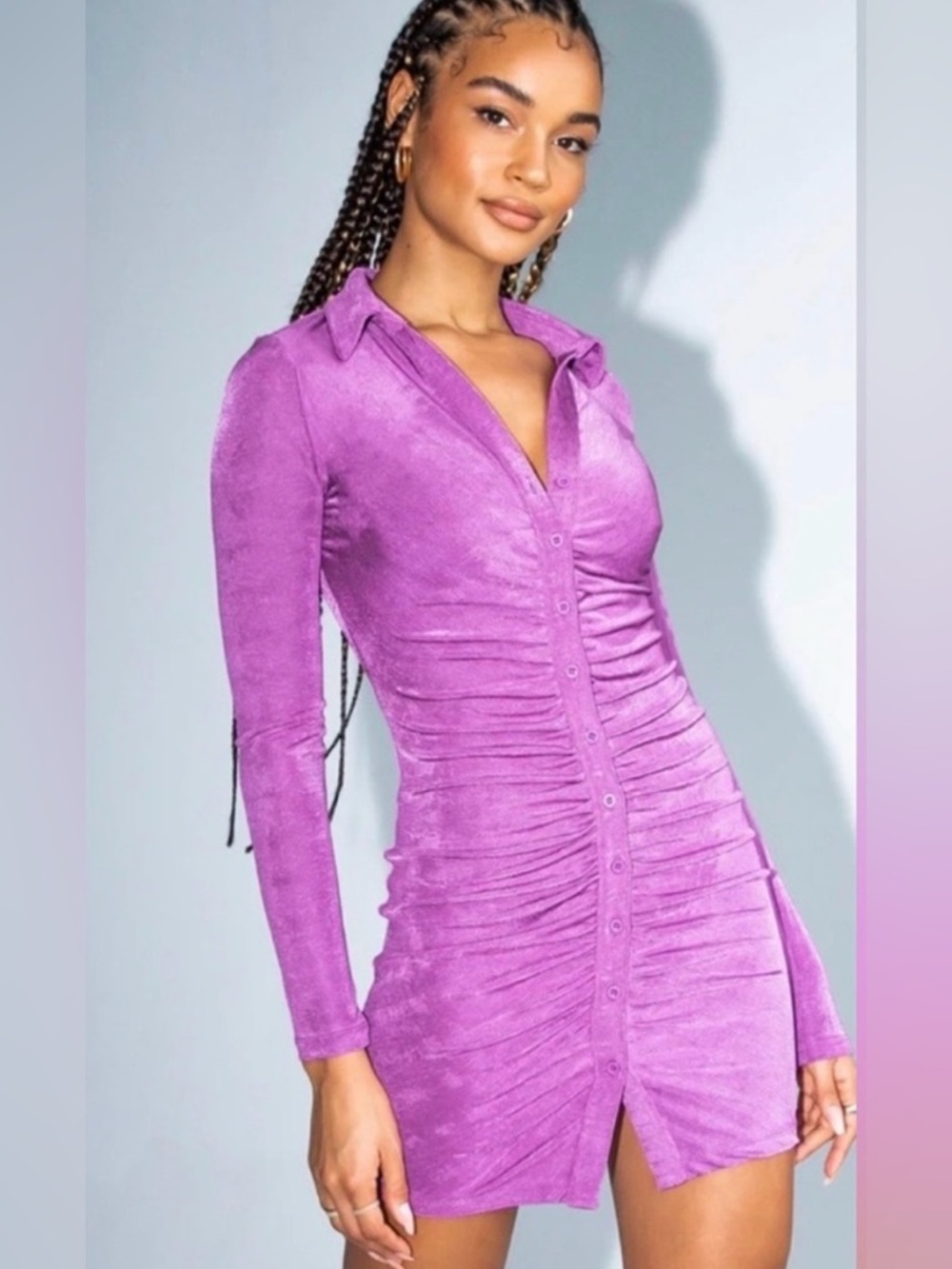 Princess Polly Lavender Ruched Button-Front Long Sleeve Dress - Size 6